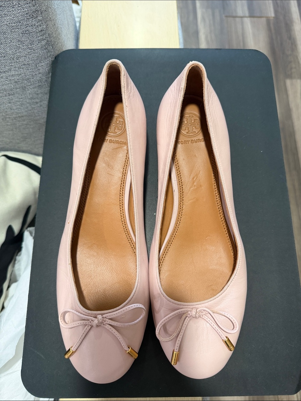 Tory Burch Pink Leather Ballet Flats with Bow and Gold Tips